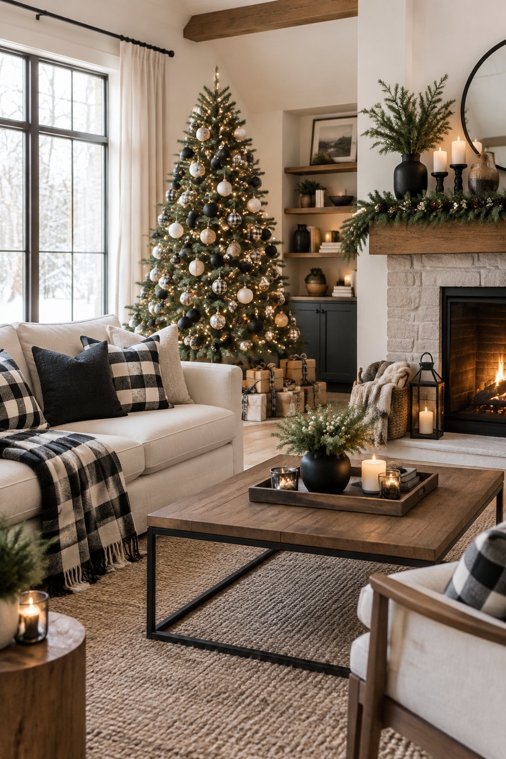 A cozy living room decorated for Christmas with black-and-white plaid furnishings and a decorated tree.