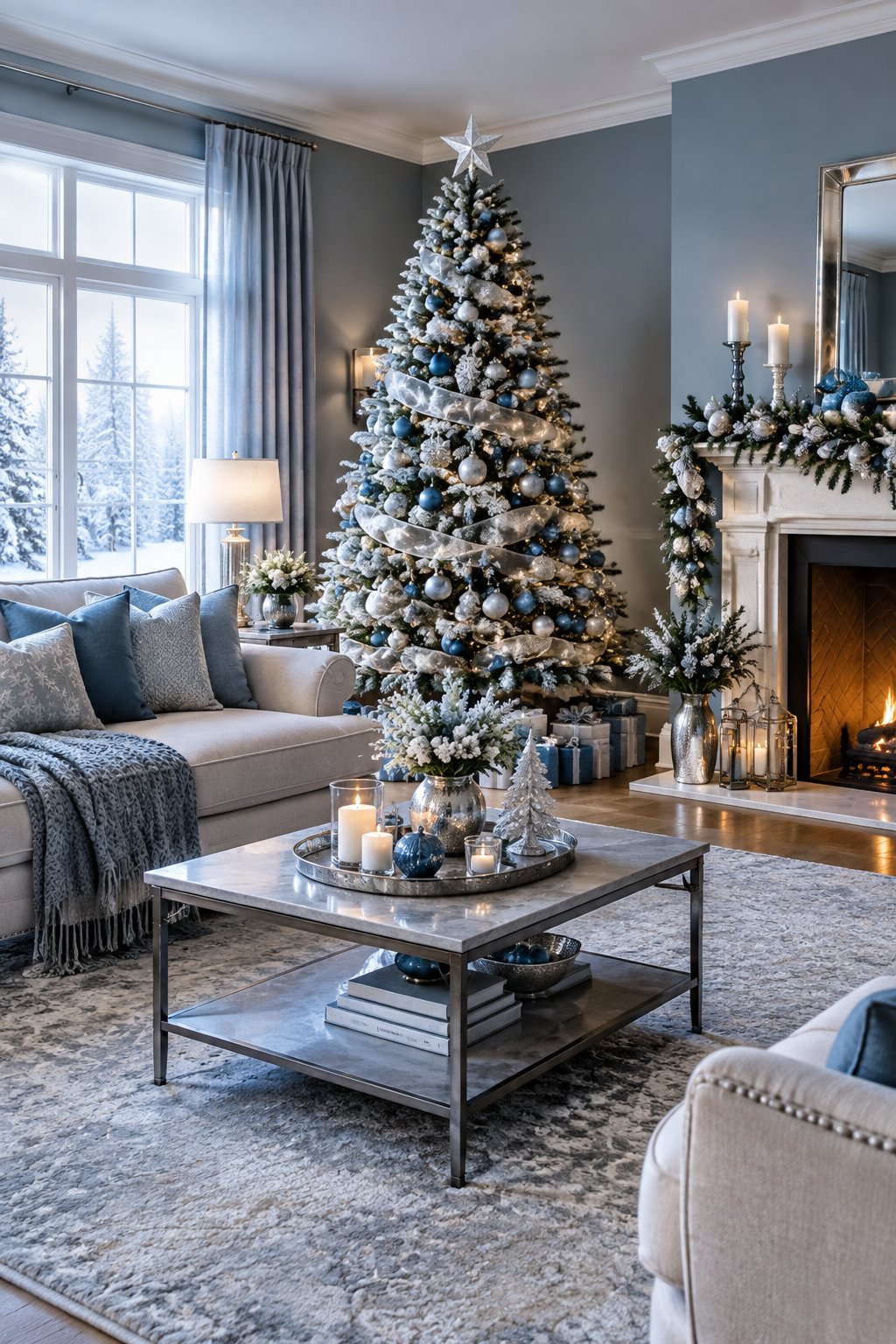 A cozy living room decorated for Christmas in blue and silver with a decorated tree, sofa, and seasonal accents.