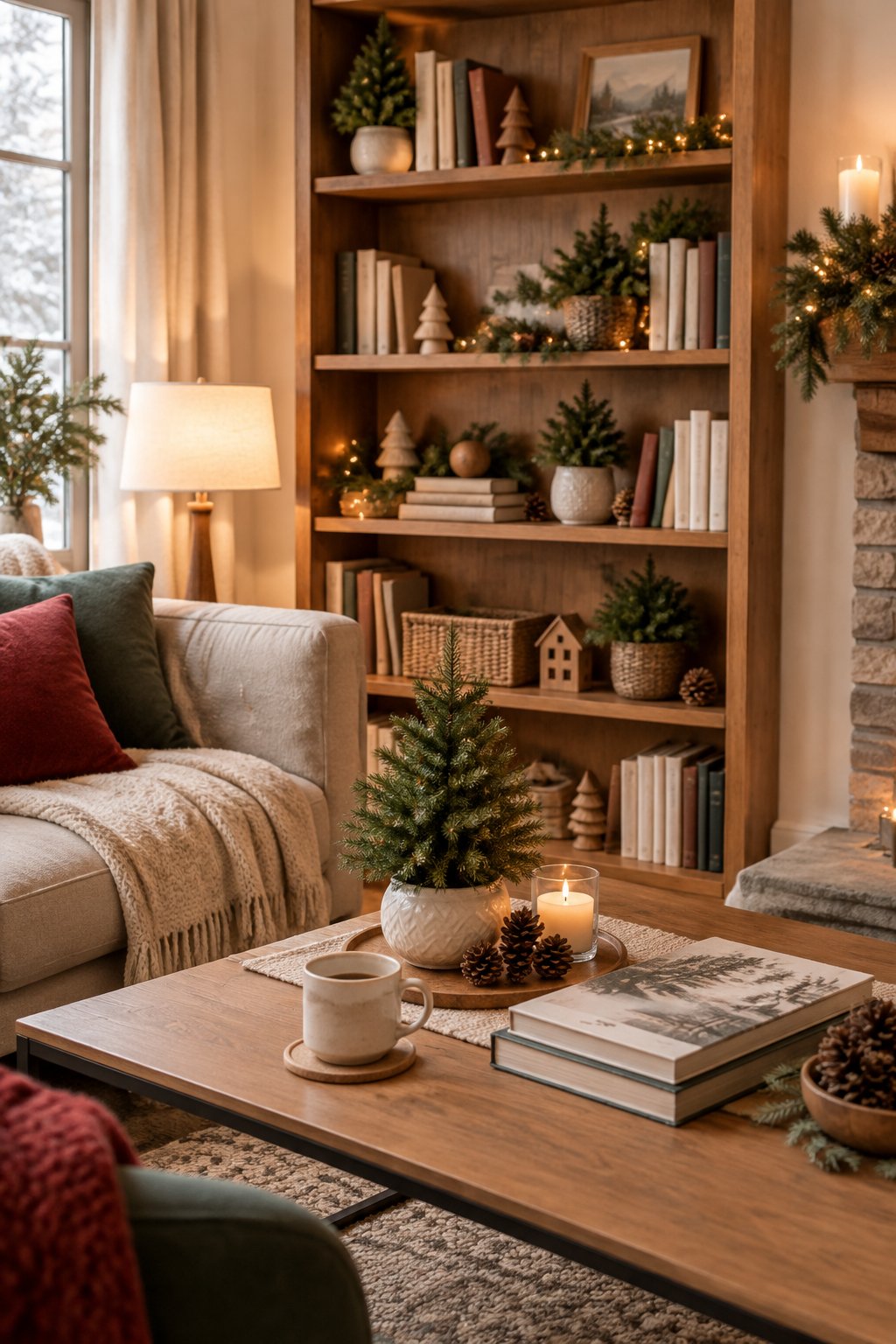 A cozy Christmas living room with a bookshelf decorated with tiny evergreen trees and a festive coffee table.