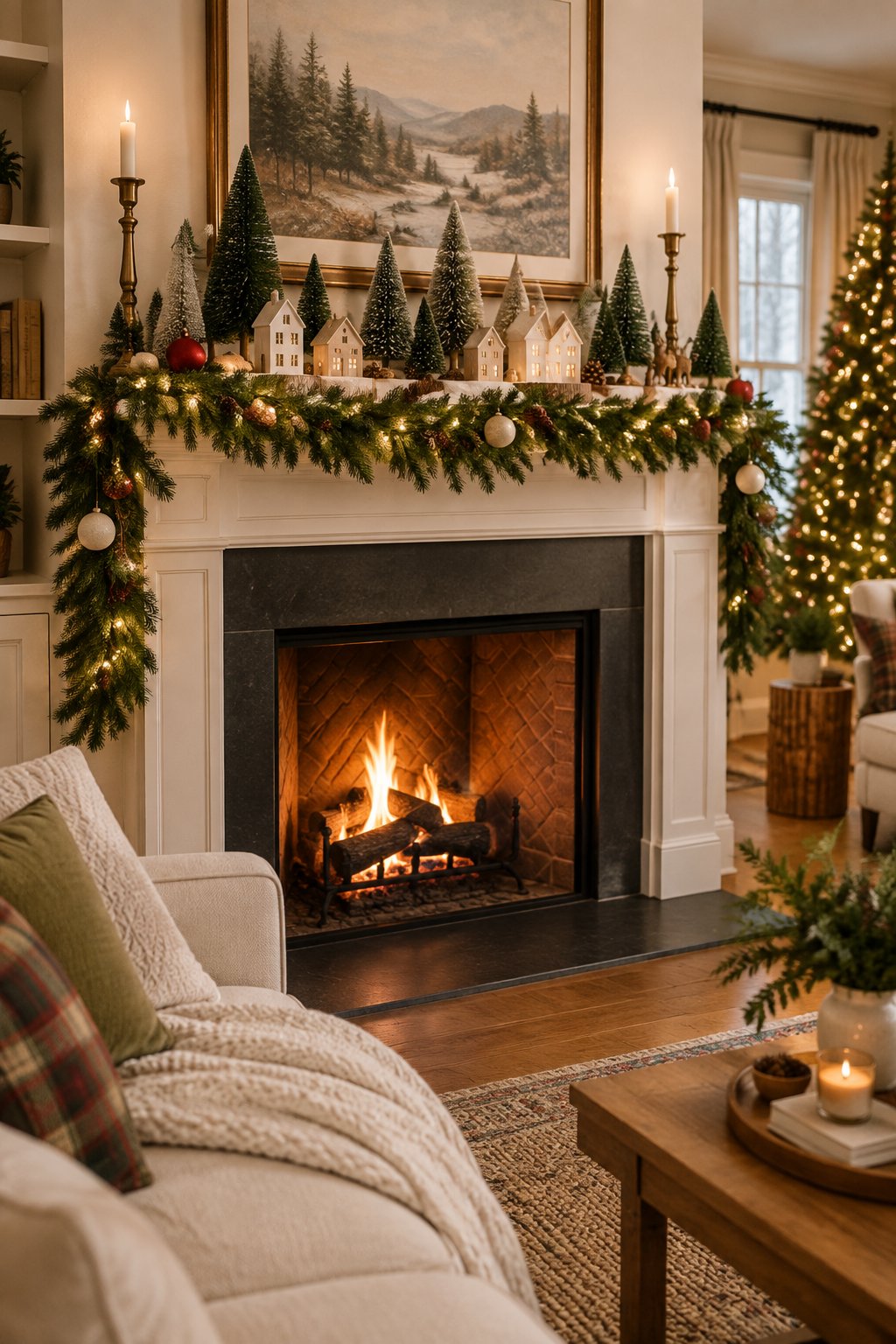 A cozy living room fireplace mantel decorated with a miniature bottle brush tree Christmas village.
