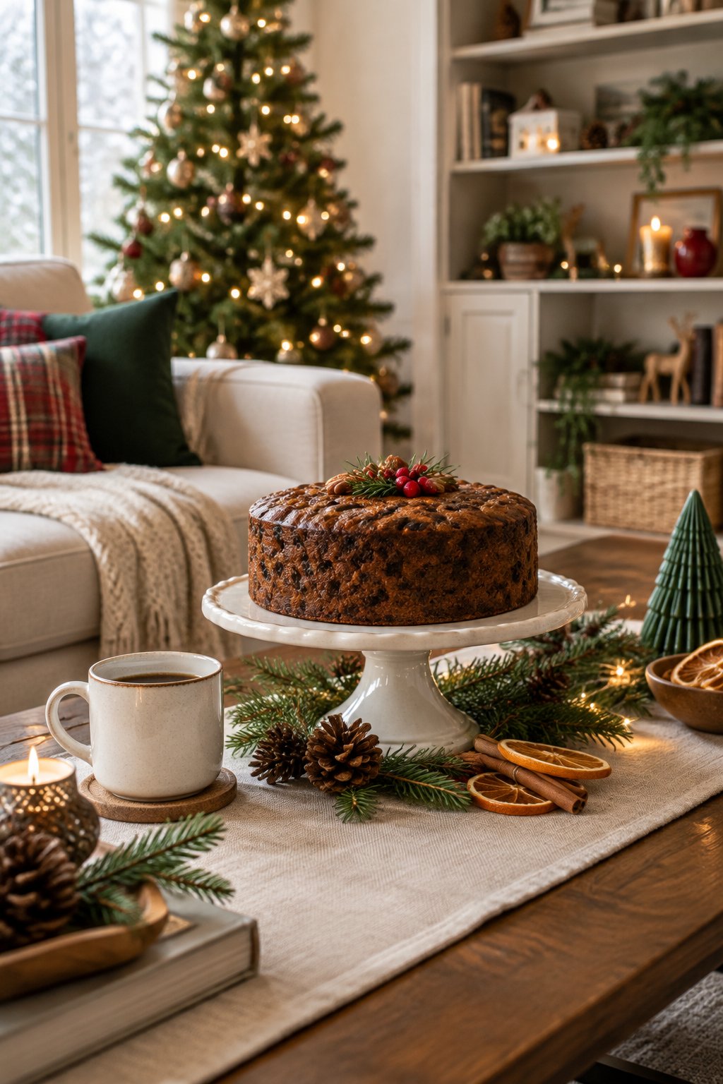 A festive living room with a cake stand holding a holiday cake on a decorated coffee table.