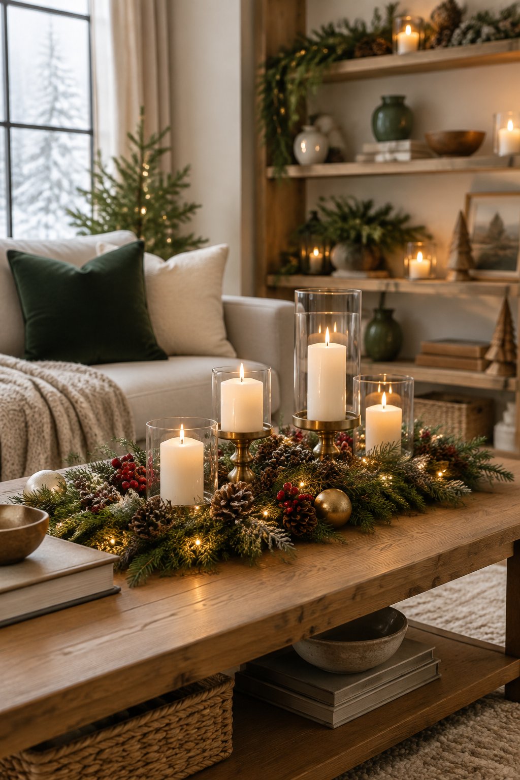 A cozy Christmas living room with a candle-lit evergreen garland centerpiece on a coffee table and matching holiday decor on a nearby shelf.