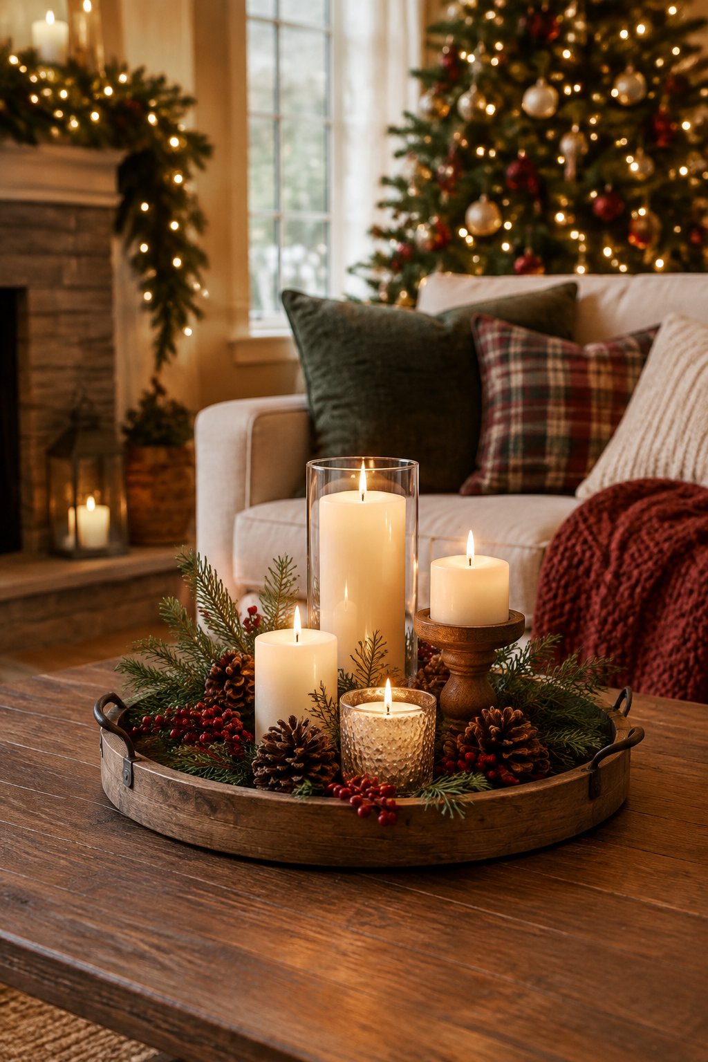 Candles arranged on a wooden tray in a warmly decorated Christmas living room.