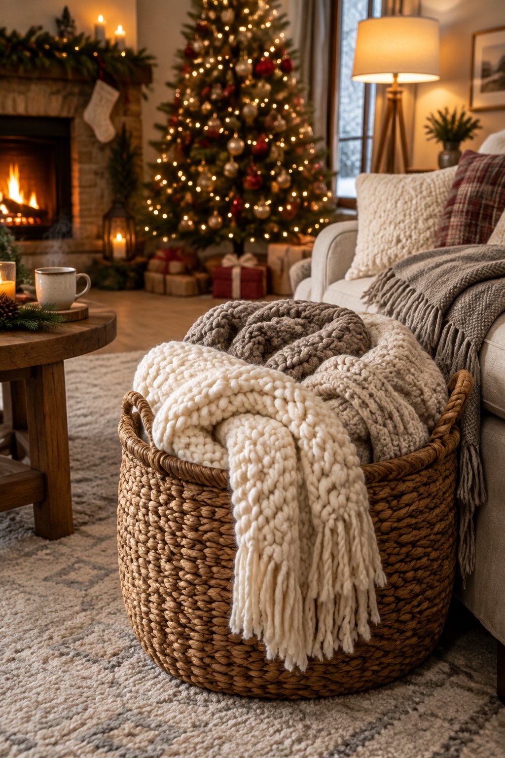 A cozy Christmas living room with a basket of chunky-knit blankets beside a sofa.