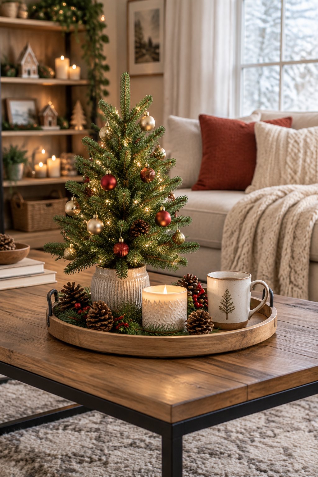 A cozy Christmas living room with a coffee table tray holding a small decorated tree and seasonal accents.