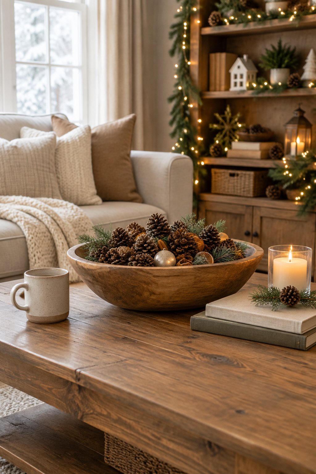 A cozy Christmas living room with a wooden dough bowl filled with pine cones on a coffee table and a decorated shelf in the background.