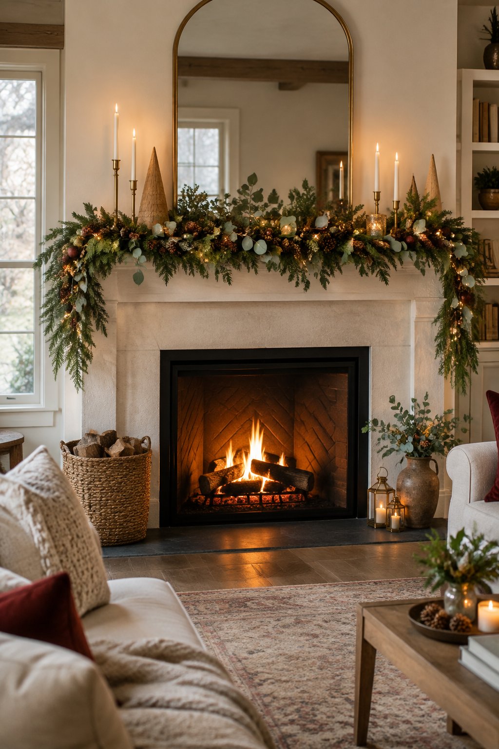 A cozy living room with a fireplace mantel decorated with eucalyptus and pine garland.