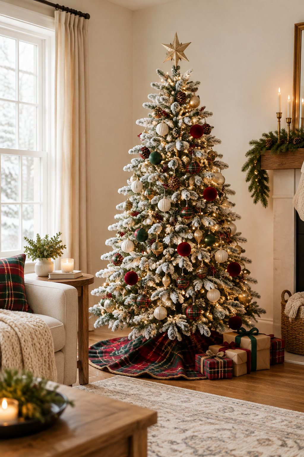 A flocked Christmas tree with warm lights and ornaments stands in a cozy living room corner above a red-and-green plaid tree skirt.