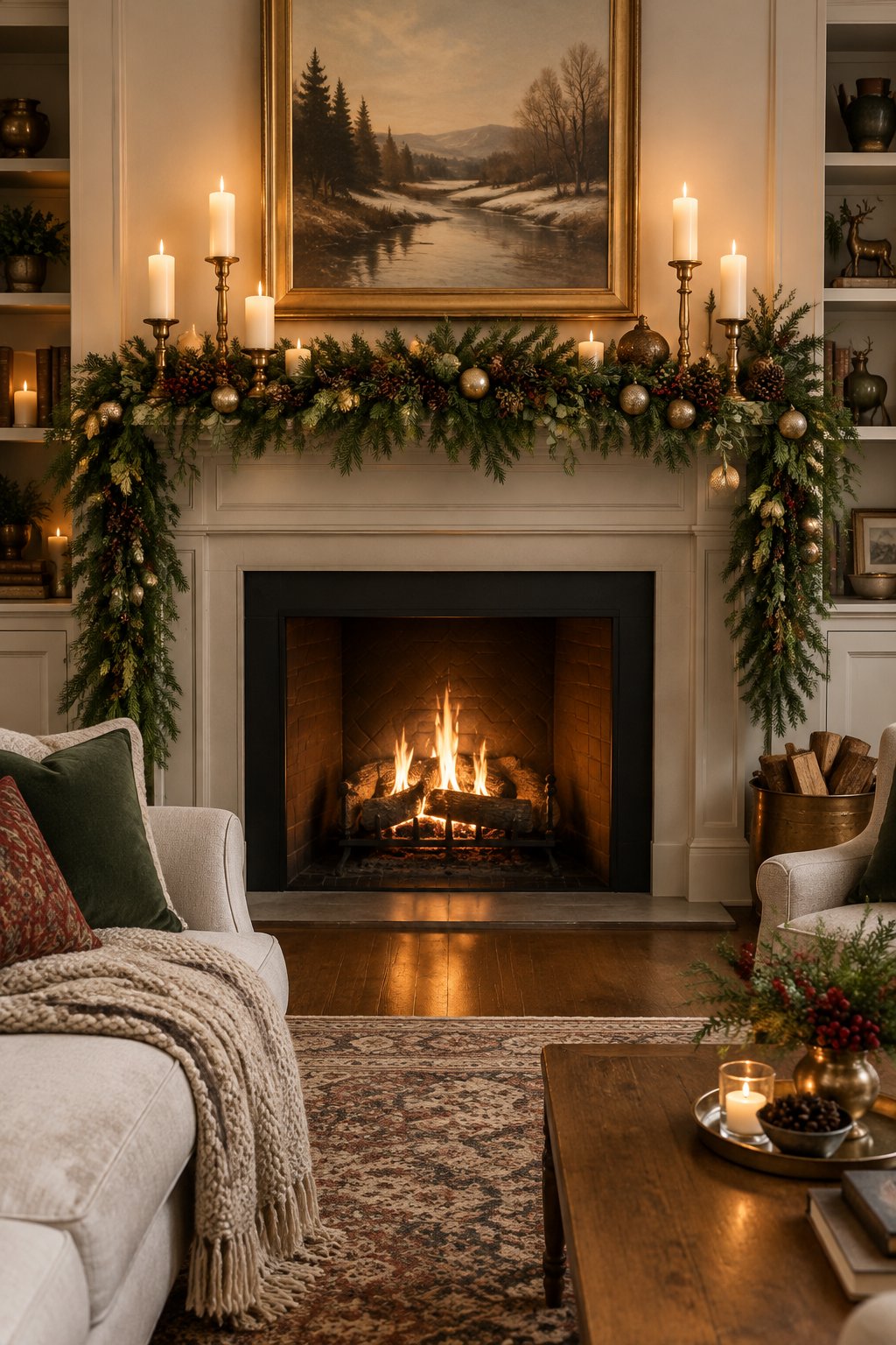 A cozy living room fireplace decorated with a full evergreen garland and brass candlesticks for Christmas.