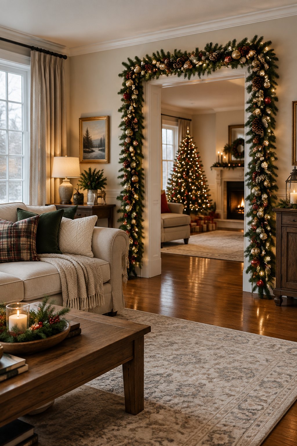 A cozy Christmas living room with a garland-wrapped doorway leading to a room with a glowing Christmas tree.