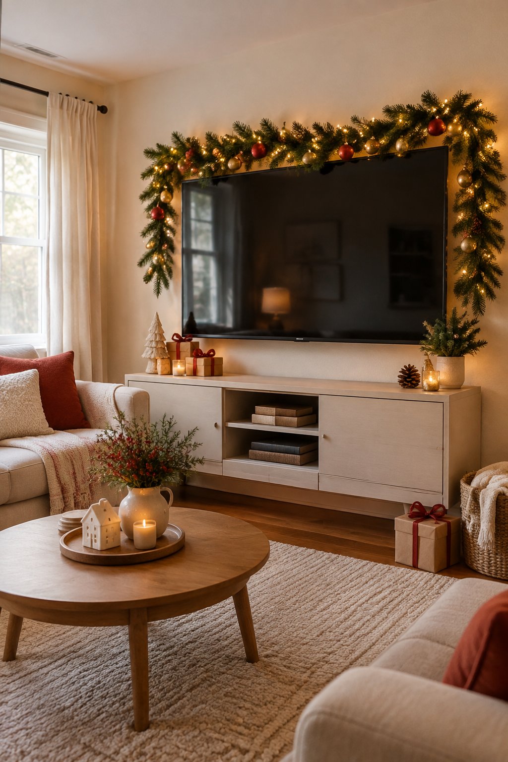 A small living room with a Christmas garland and warm lights decorating the top of a television.