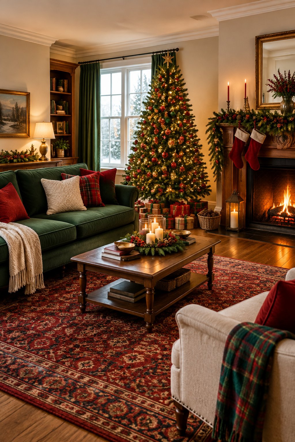 A traditional living room decorated for Christmas in green and red.