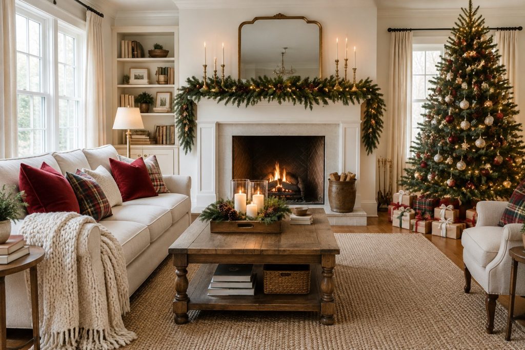 A bright living room decorated for Christmas, with a garland on the white mantel, red and plaid pillows on the sofa, a candle tray on the coffee table and a lit tree in the corner.