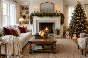 A bright living room decorated for Christmas, with a garland on the white mantel, red and plaid pillows on the sofa, a candle tray on the coffee table and a lit tree in the corner.