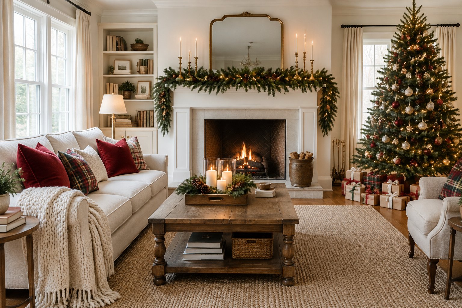 A bright living room decorated for Christmas, with a garland on the white mantel, red and plaid pillows on the sofa, a candle tray on the coffee table and a lit tree in the corner.