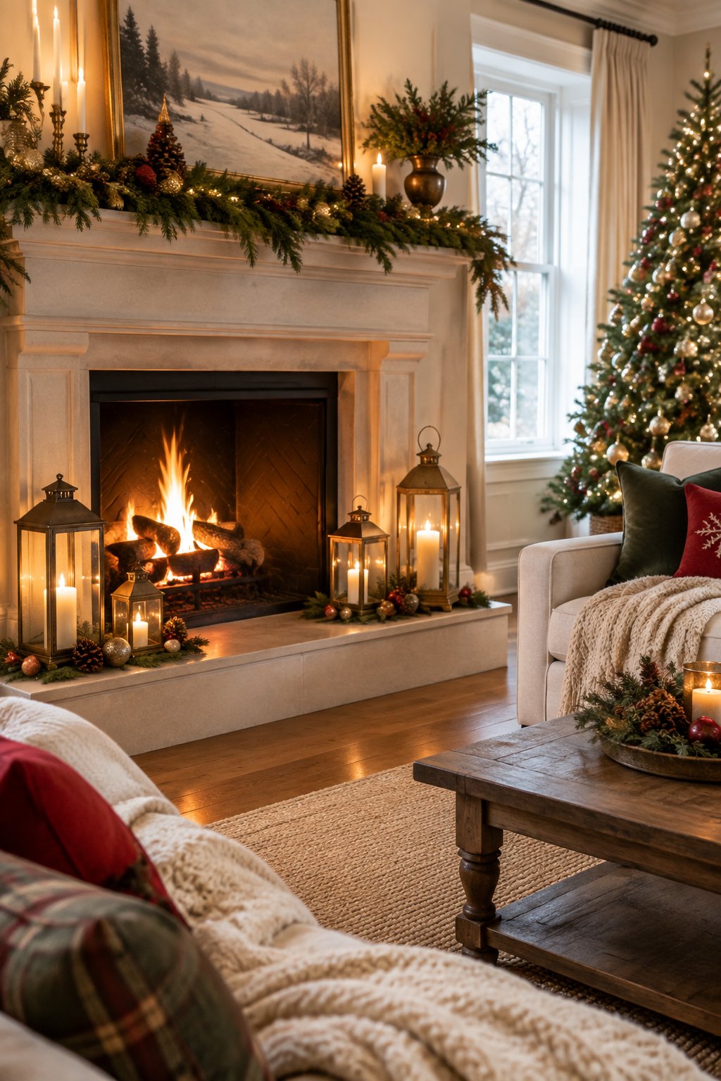 A cozy Christmas living room with glowing lanterns arranged on the hearth beneath a decorated fireplace mantel.