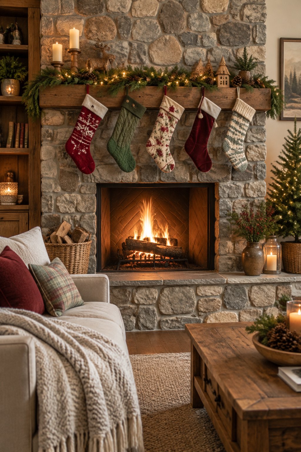 A cozy Christmas living room with mismatched stockings hanging above a glowing fire on a stone fireplace.
