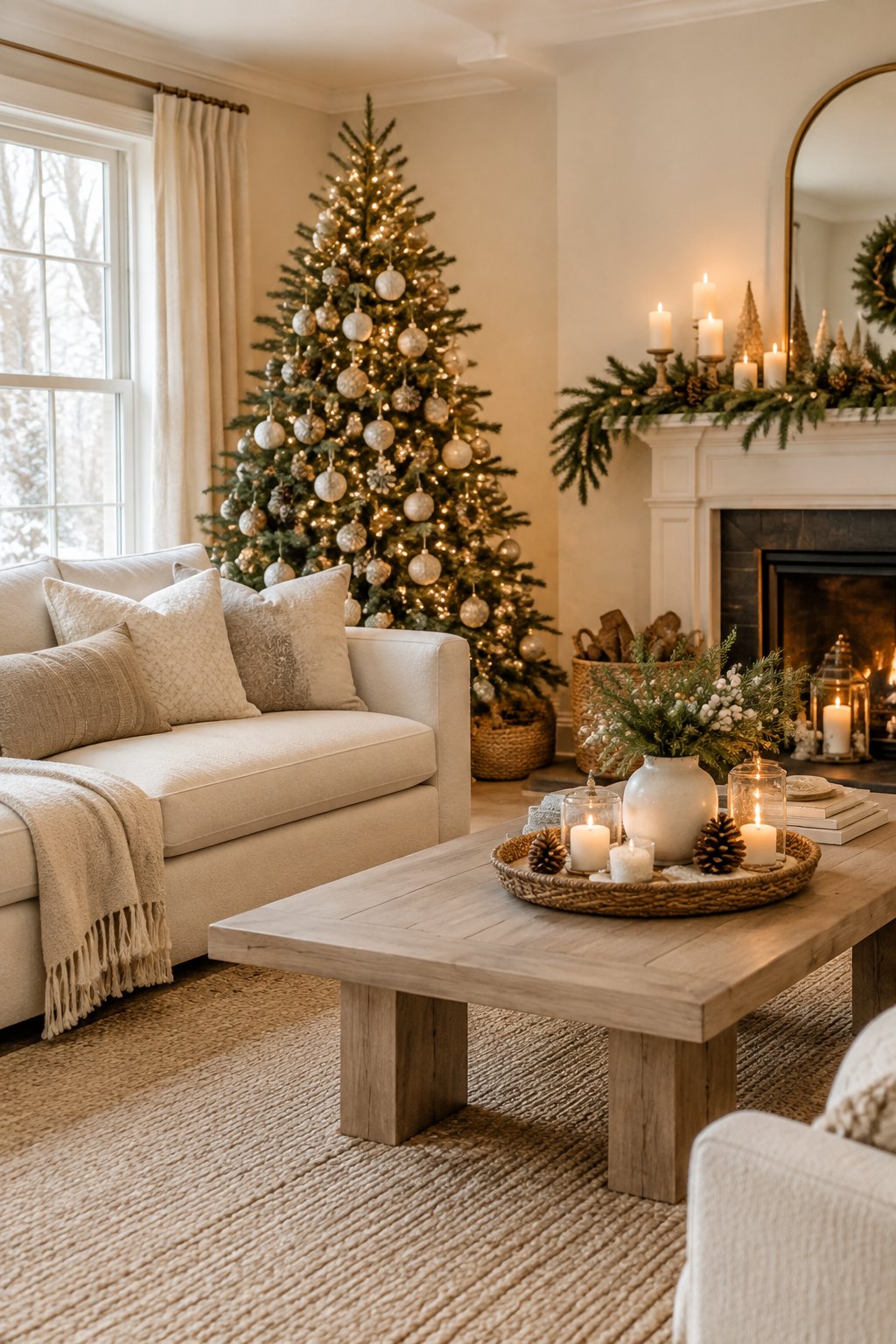 A cream-colored living room decorated with a softly lit Christmas tree and neutral holiday accents.