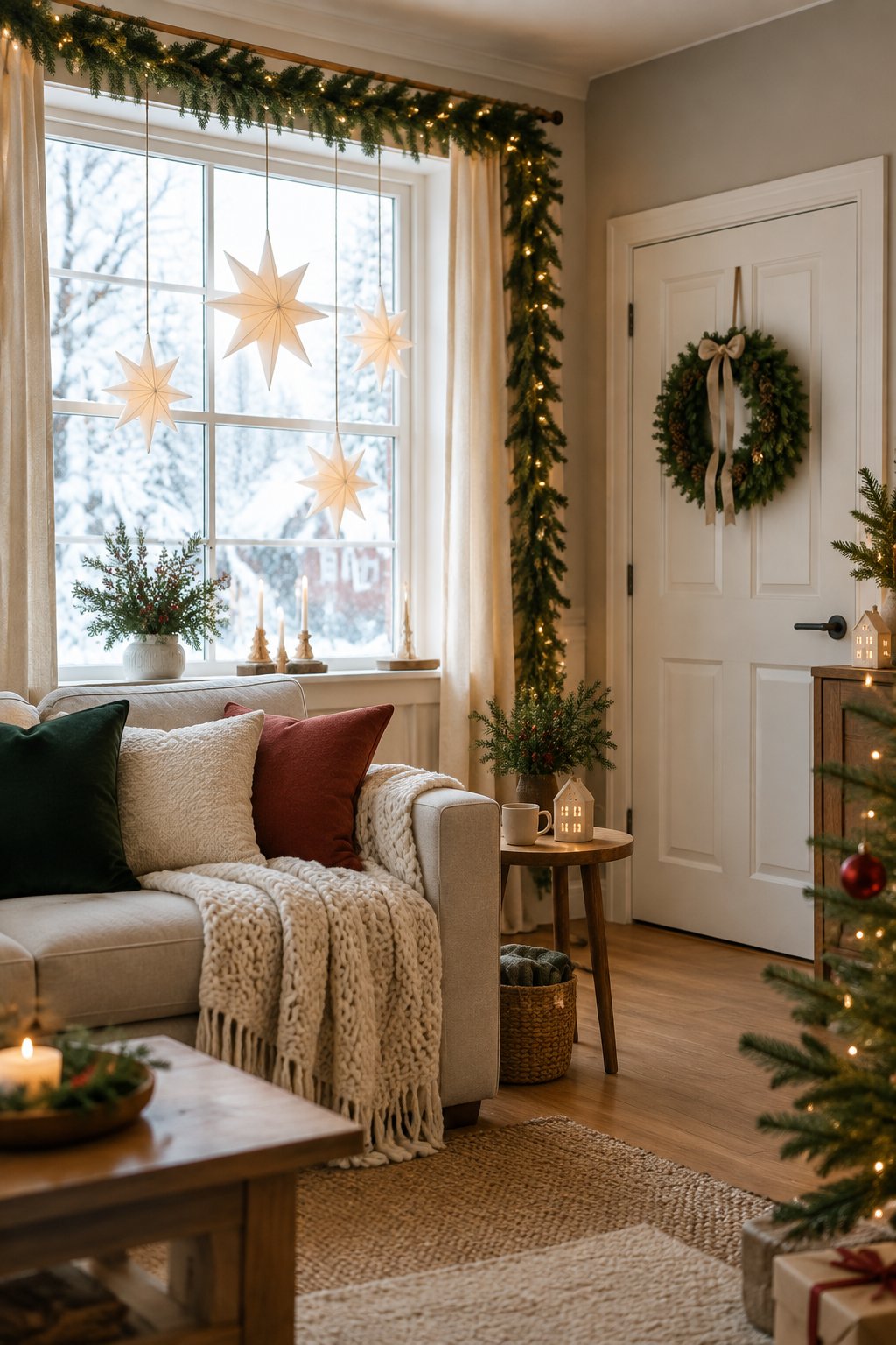 A cozy Christmas living room with white paper stars hanging in a window beside a decorated interior door.