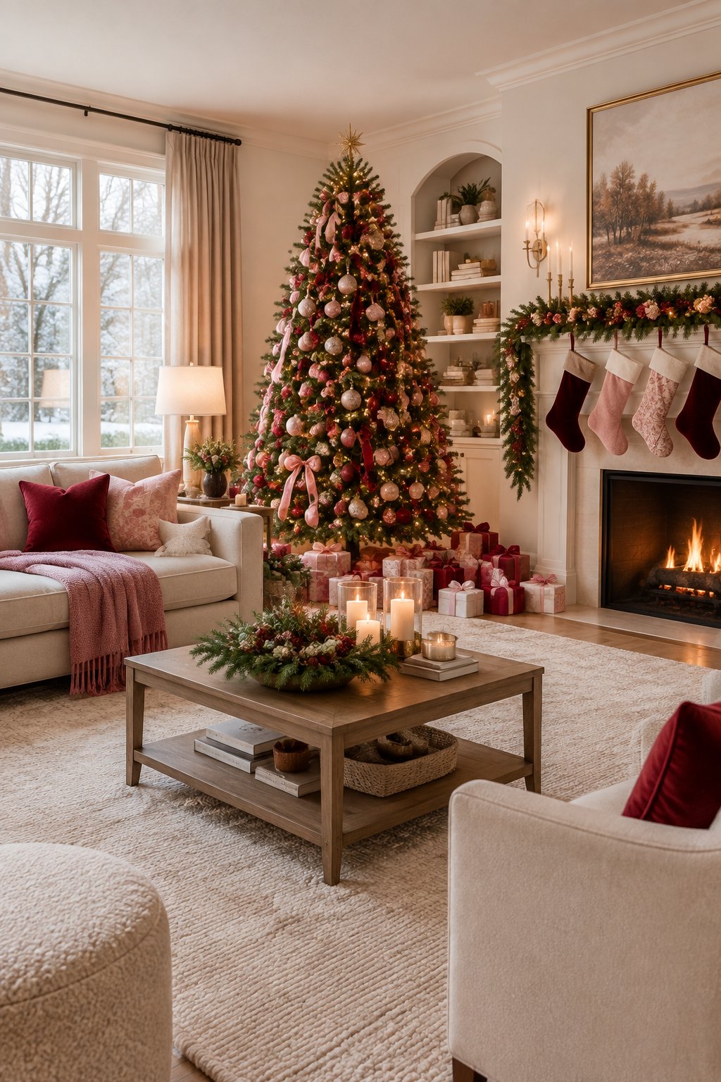 A cozy living room decorated for Christmas in pink and red, with a lit tree, garlands, stockings, and wrapped gifts.
