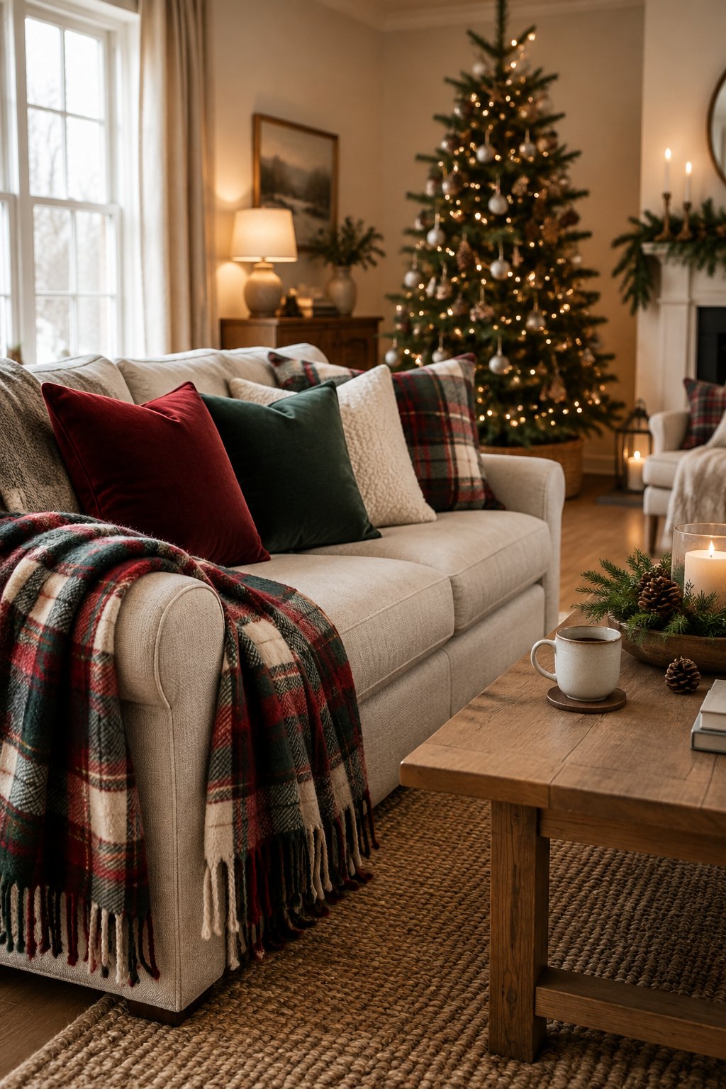 A cozy Christmas living room with a plaid throw, velvet pillows, and a softly lit decorated tree.