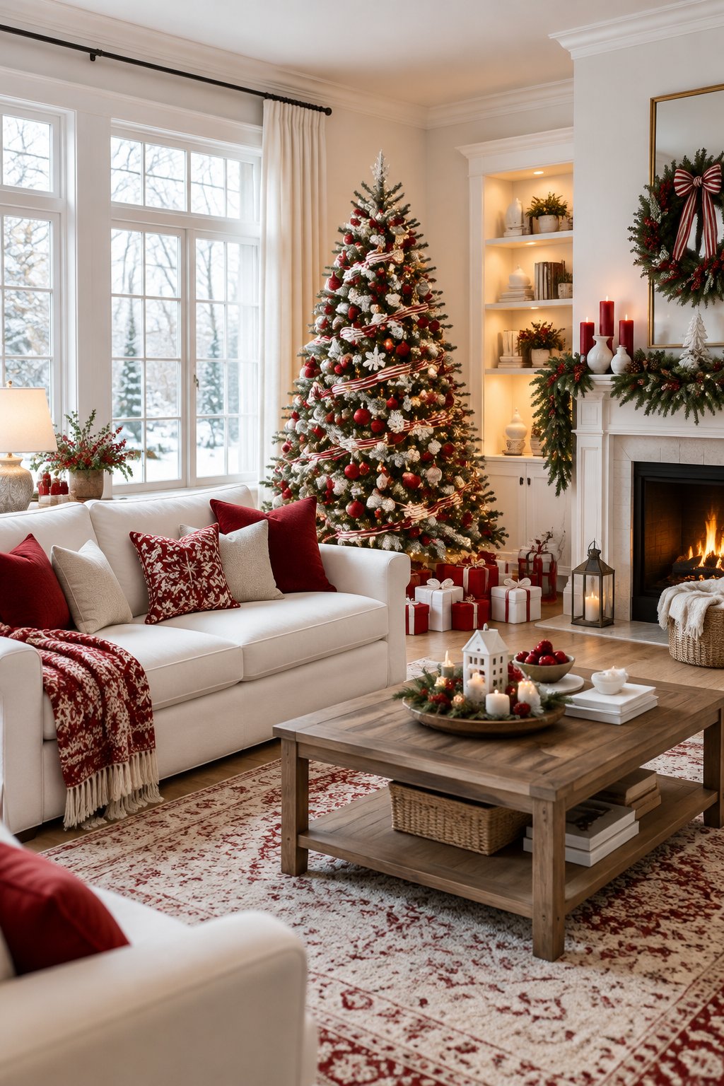 A bright living room decorated for Christmas in red and white, featuring a decorated tree, wrapped gifts, and festive mantel decor.