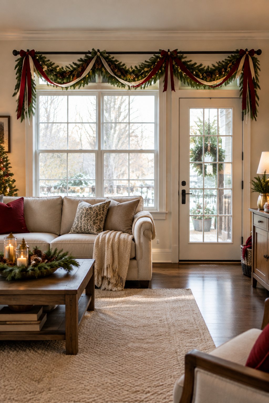 A Christmas living room with red and ivory ribbon swags decorating the curtain rod above a window and glass-paneled door.