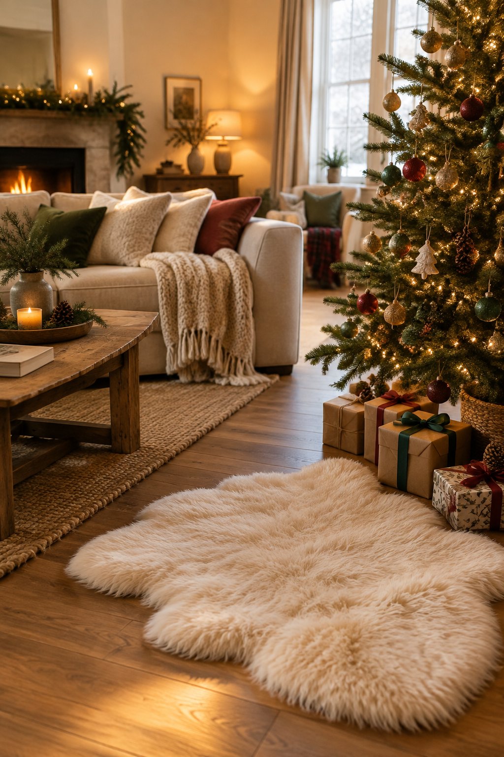 A cozy living room with a decorated Christmas tree beside a soft sheepskin rug.