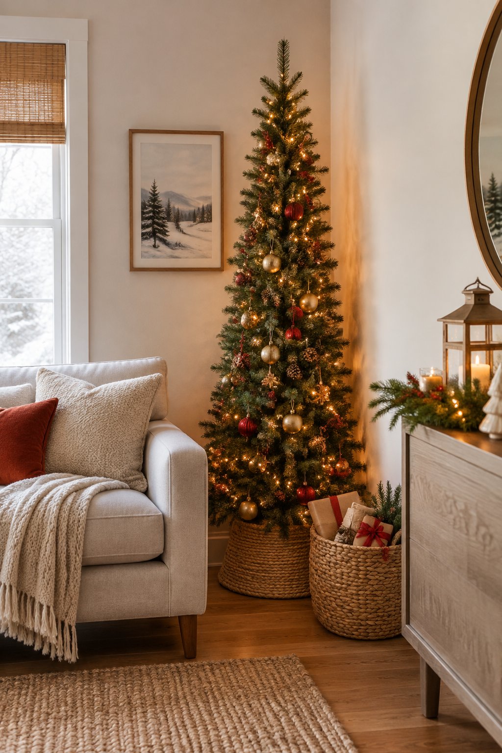 A slim decorated Christmas tree fits neatly into a corner of a cozy living room beside a sofa.