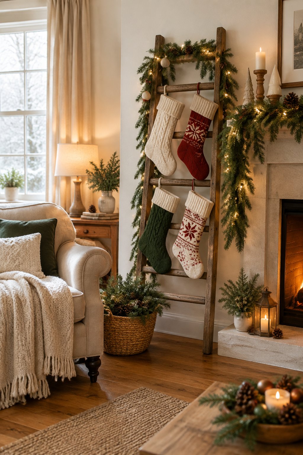 A cozy Christmas living room with stockings hanging from a rustic wooden ladder.