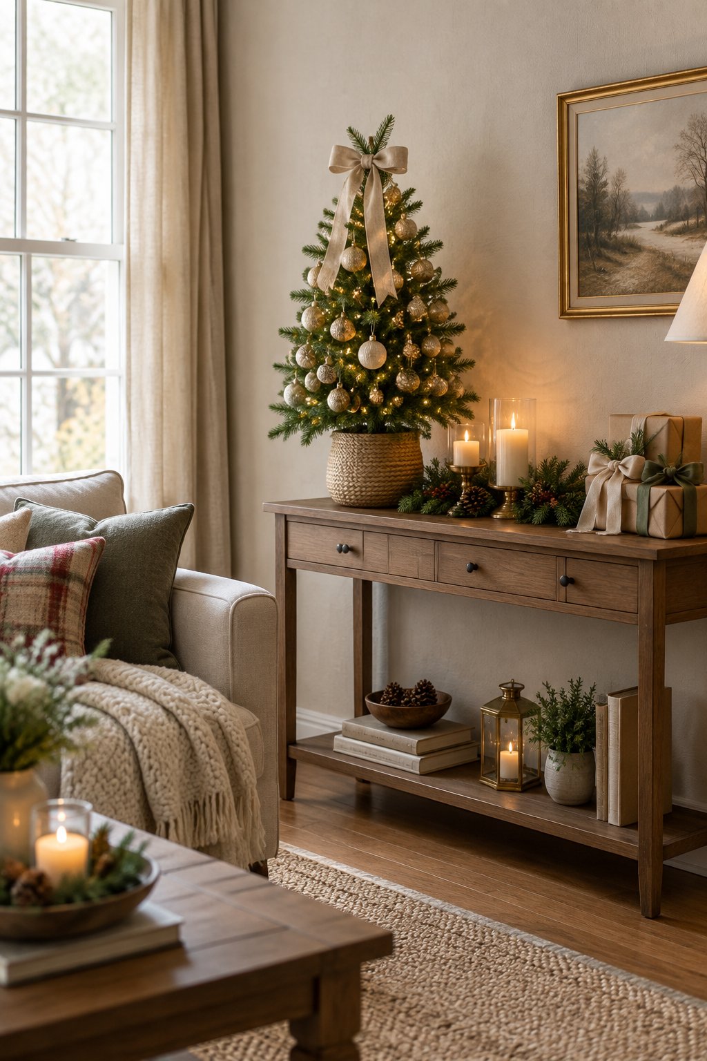 A small living room with a decorated tabletop Christmas tree on a console table.