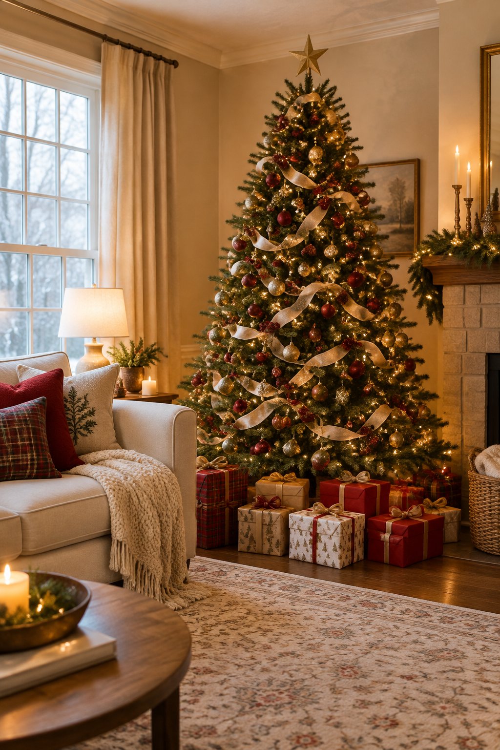 A decorated Christmas tree stands beside a sofa with wrapped gifts underneath in a cozy living room.