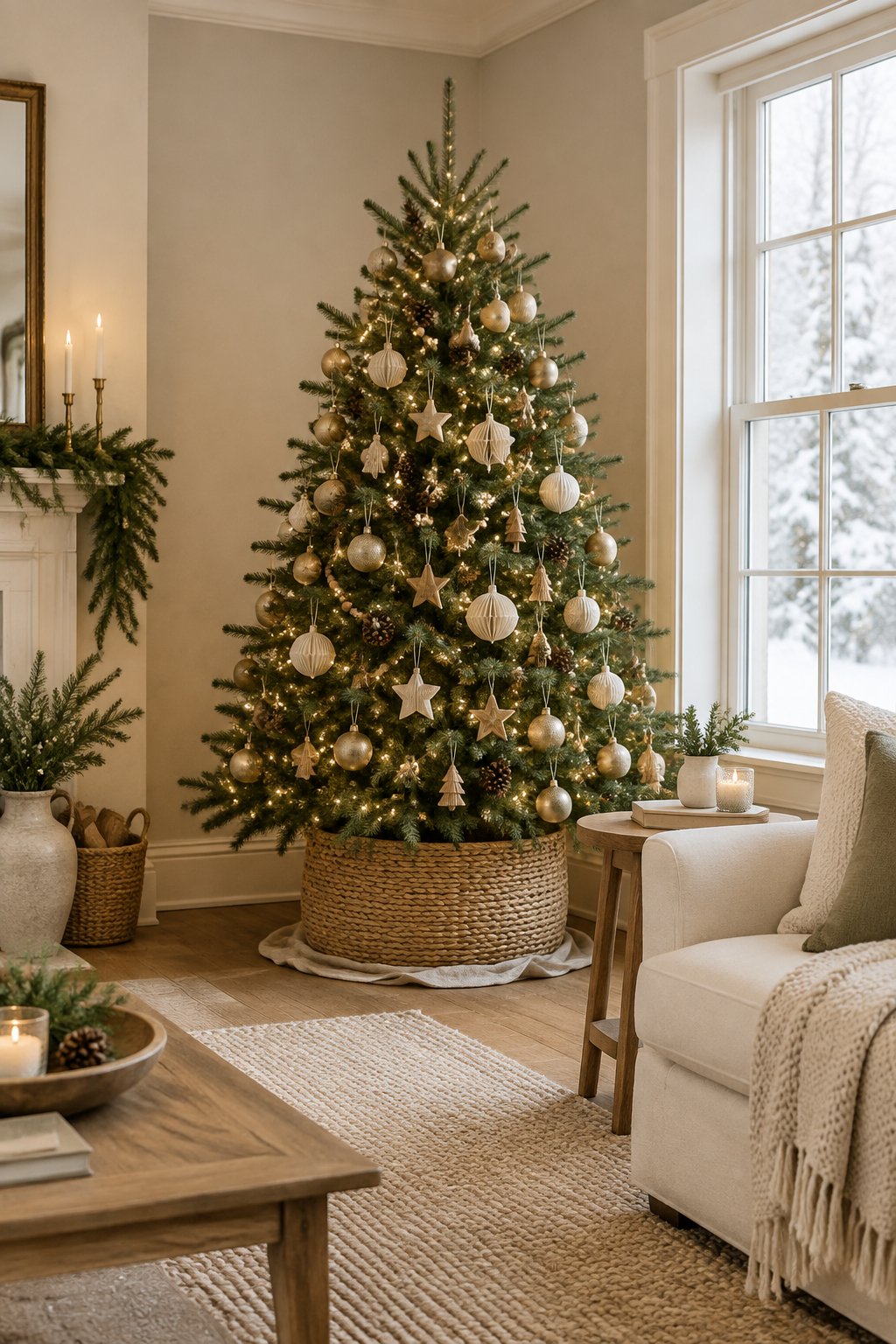 A decorated Christmas tree stands in a woven basket in the corner of a cozy living room.