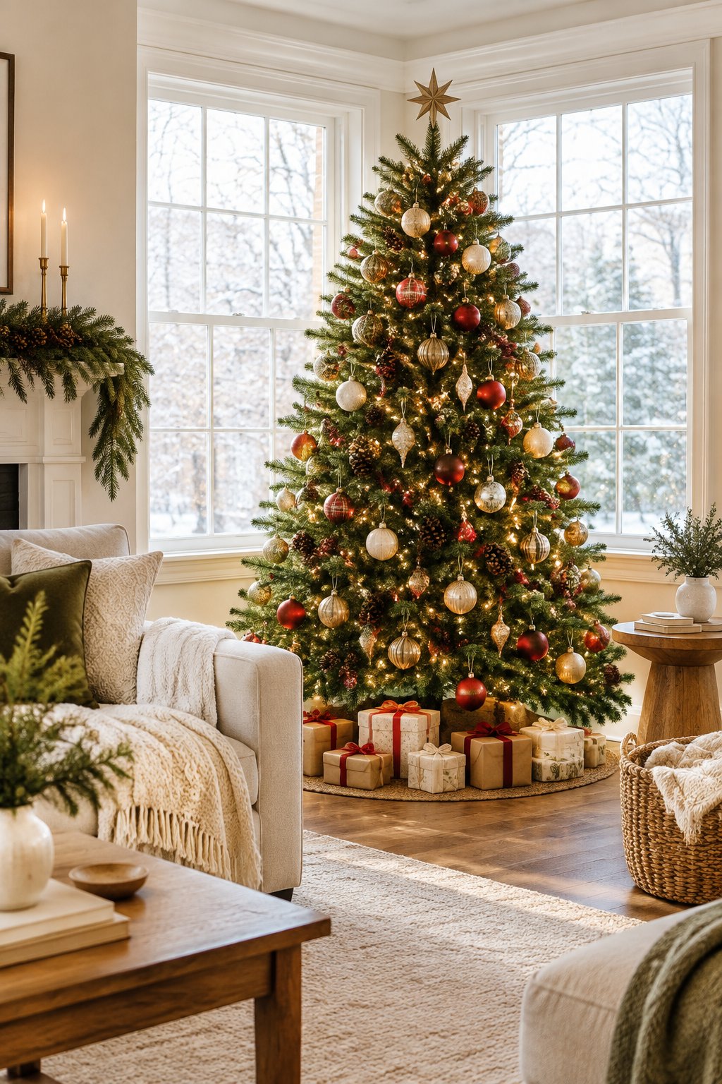 A decorated Christmas tree stands in front of a large window in a cozy living room.