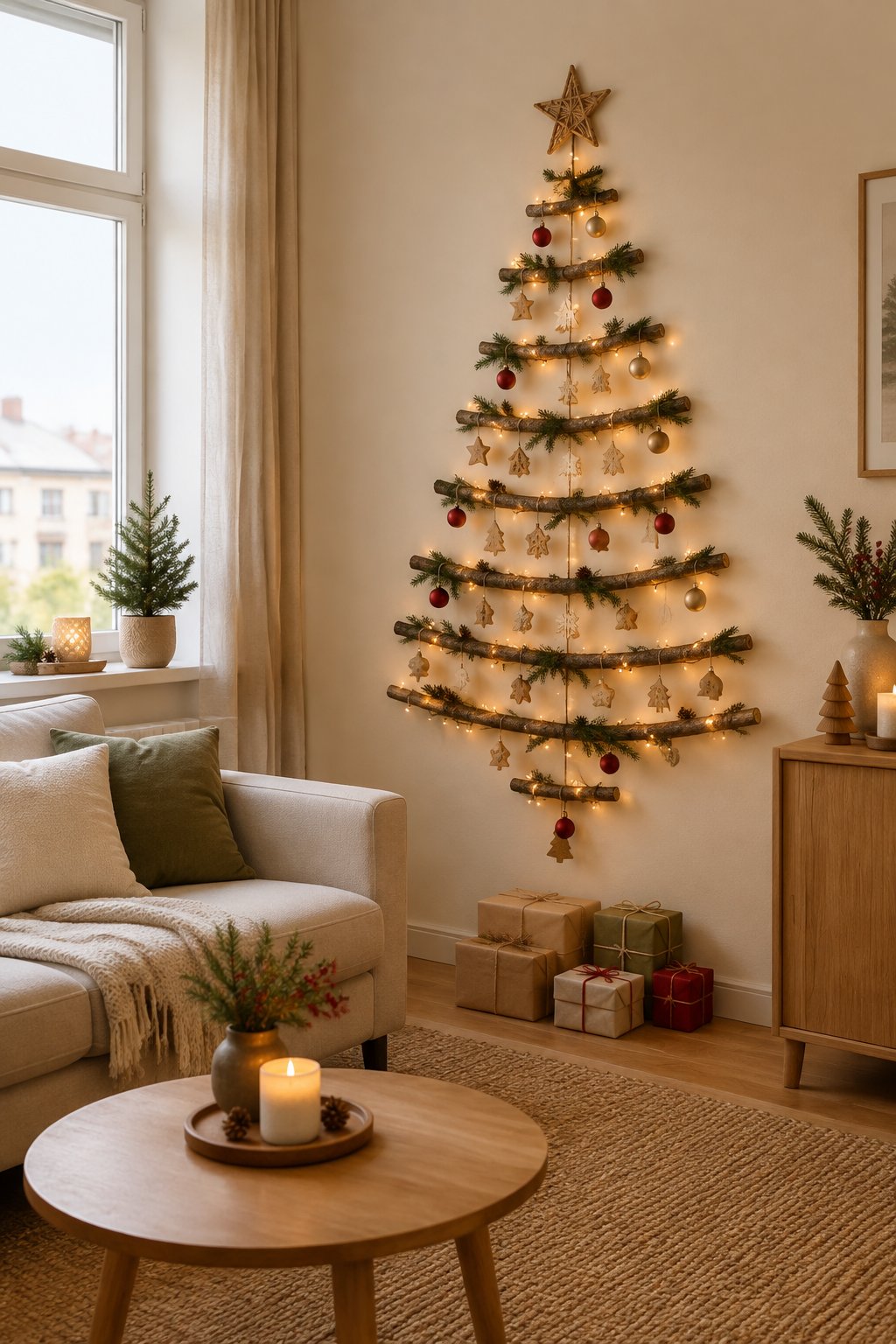 A small cozy living room with a Christmas tree made from decorated branches mounted on the wall.