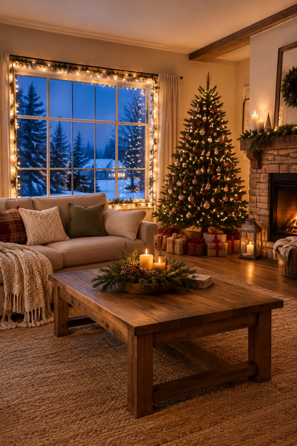 Cozy Christmas living room with warm string lights around a window, a decorated tree, gifts, and soft festive furnishings.