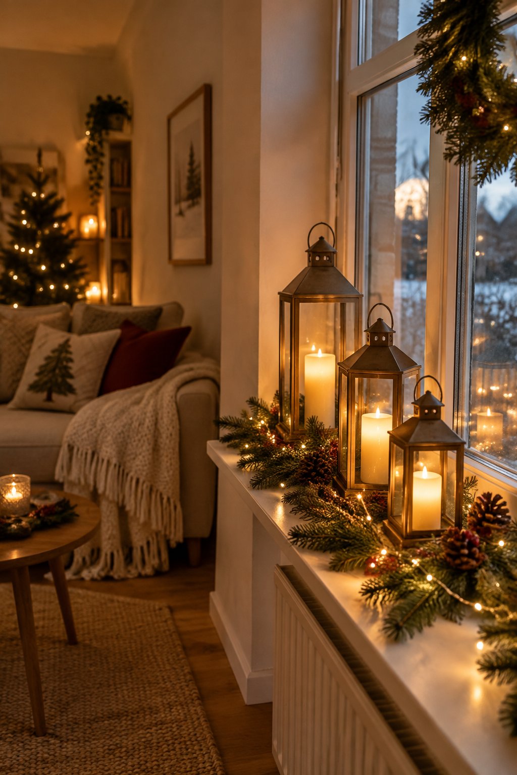 A small living room decorated for Christmas with glowing candle lanterns on a window sill.