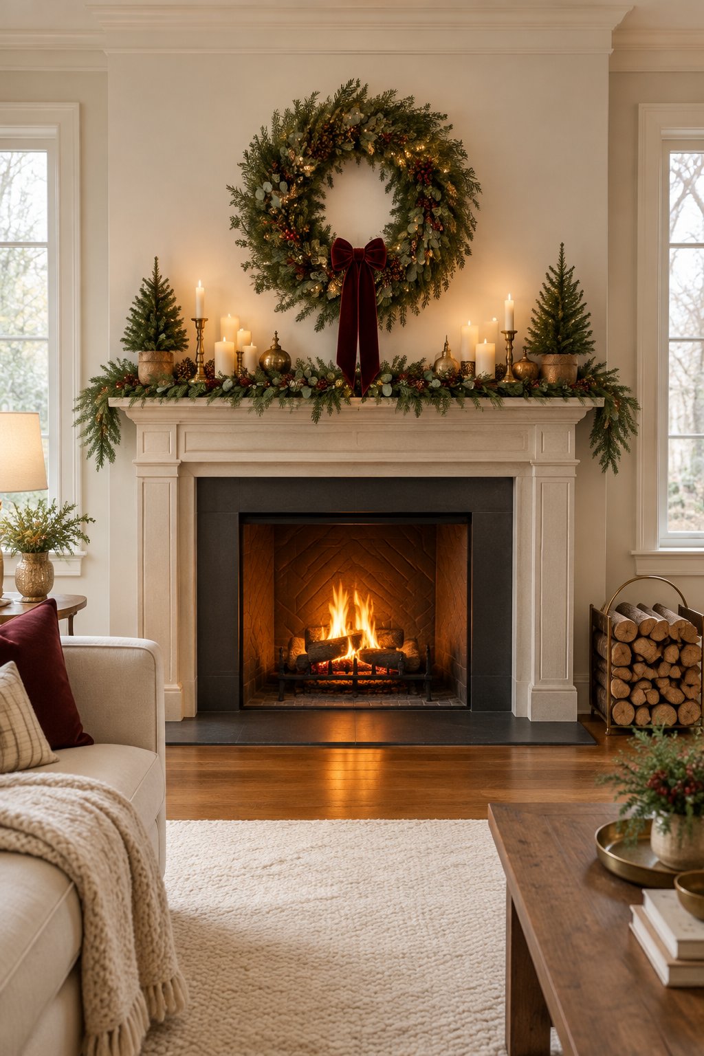 A cozy Christmas living room with a decorated fireplace, mantel greenery, and an evergreen wreath hanging above it.