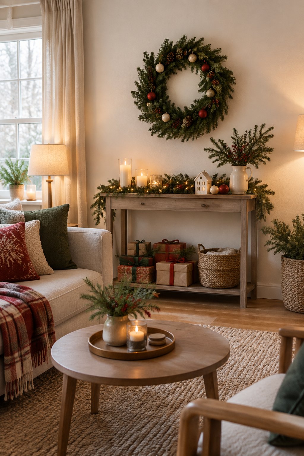 A small cozy living room decorated for Christmas with an evergreen wreath on the wall instead of a tree.