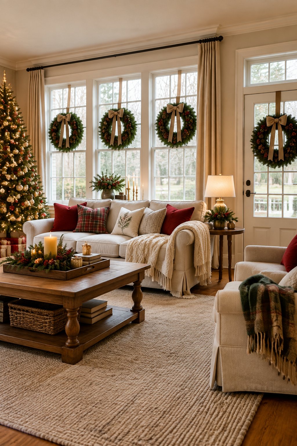 A cozy Christmas living room with evergreen wreaths hanging on the windows and door.