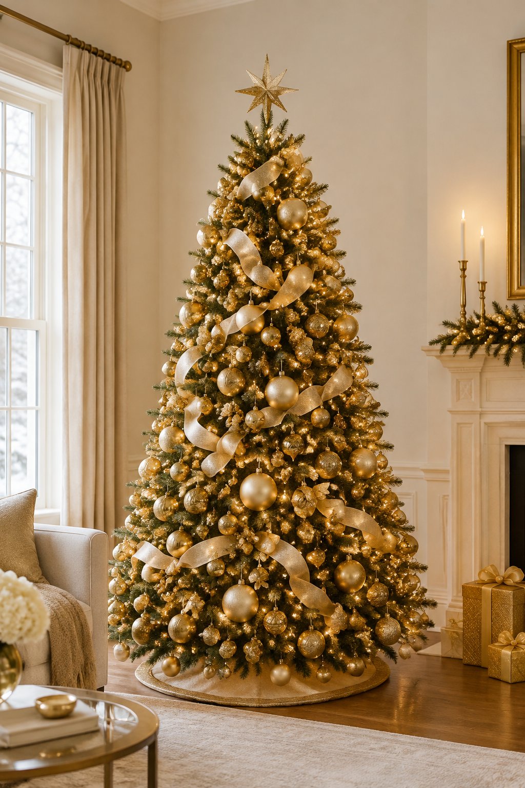 A decorated Christmas tree covered in gold ornaments and warm lights stands in an elegant living room.