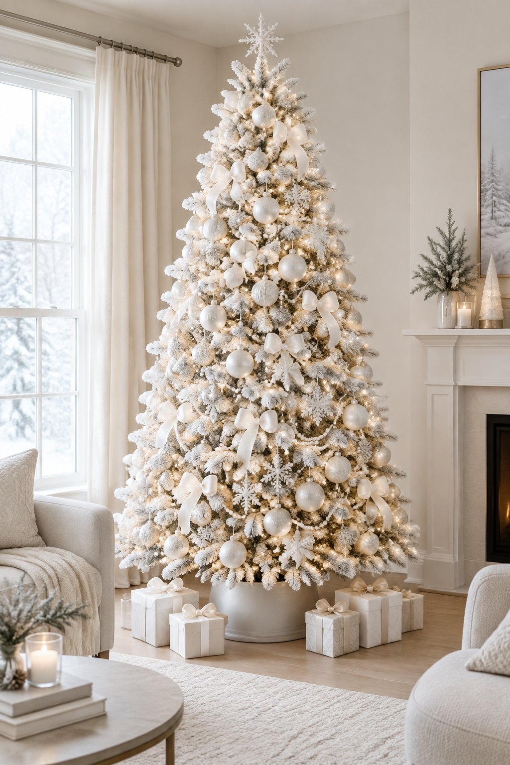 A white Christmas tree decorated with white ornaments and warm lights in an elegant living room.