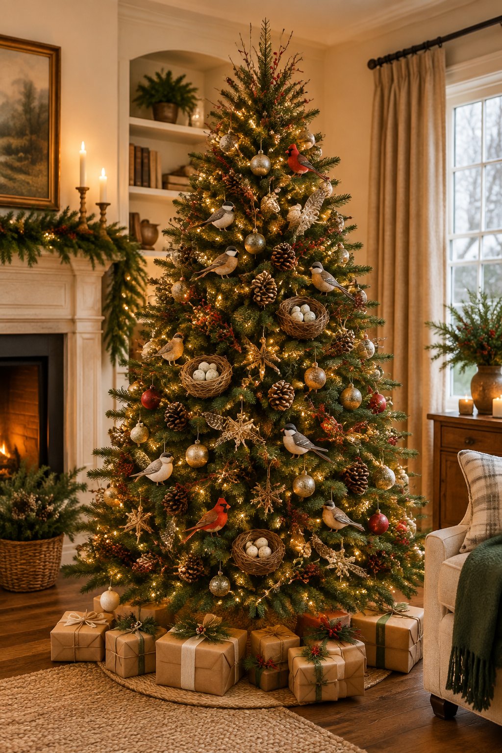 A Christmas tree decorated with bird ornaments, woven nests, feathers, and warm lights in a cozy living room.