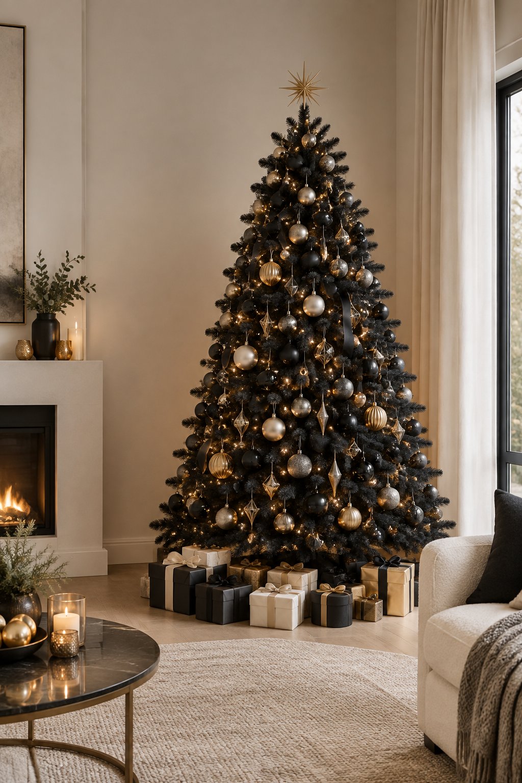 A decorated black Christmas tree stands in an elegant living room beside wrapped gifts.