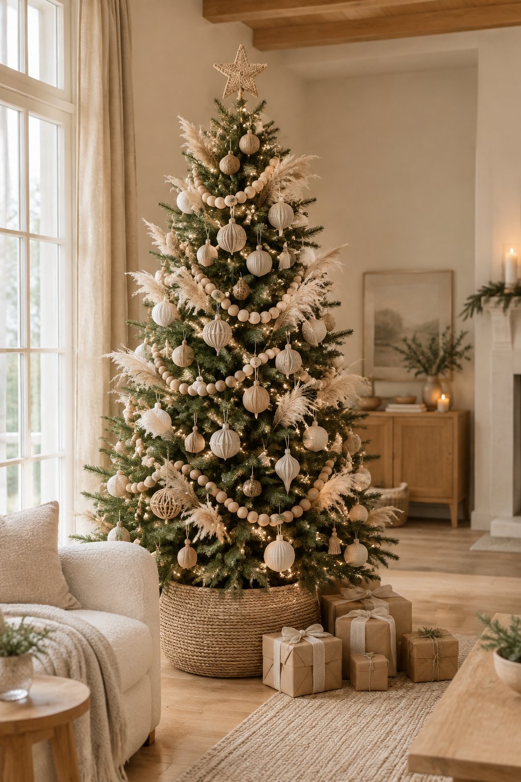 A decorated Christmas tree with wooden bead garlands and pampas grass stands in a cozy neutral-toned living room.
