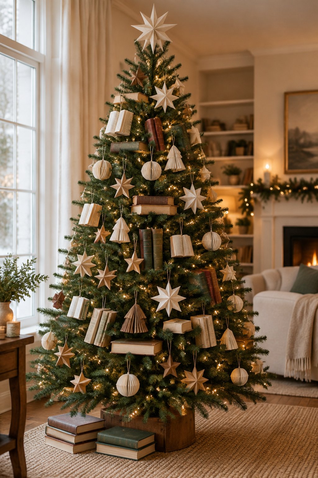 A Christmas tree decorated with books, paper stars, and warm lights in a cozy living room.