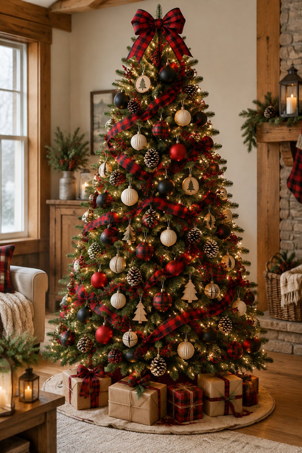 A buffalo plaid Christmas tree decorated in red, black, and ivory ornaments stands in a warmly lit rustic living room.