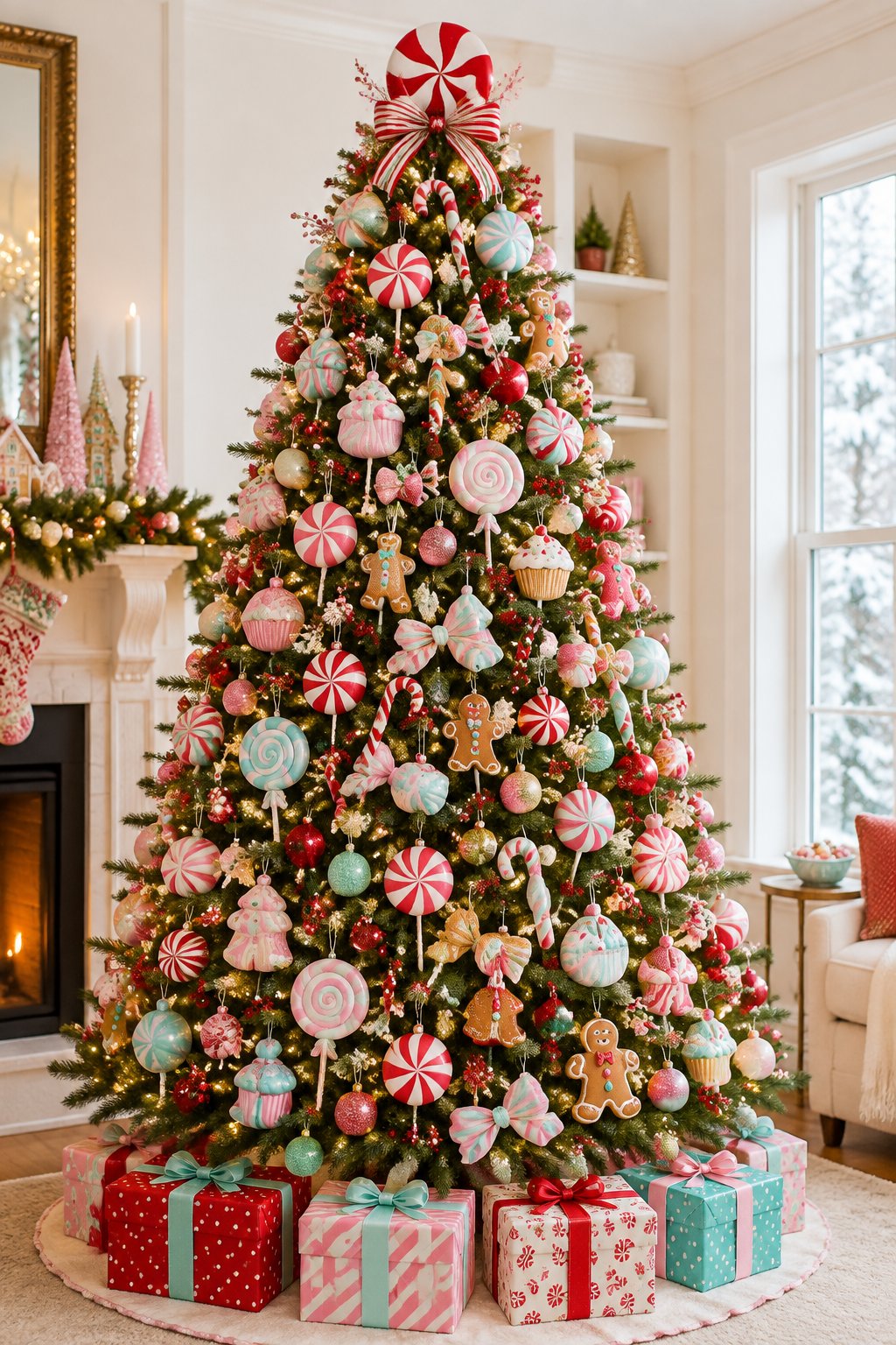 A Christmas tree decorated with colorful candy-themed ornaments, warm lights, and wrapped gifts.