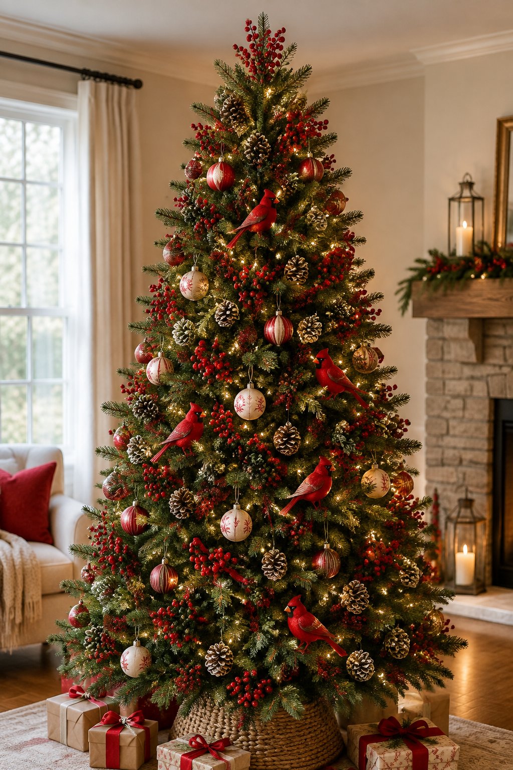 A Christmas tree decorated with red cardinal ornaments, berries, pinecones, and warm lights.