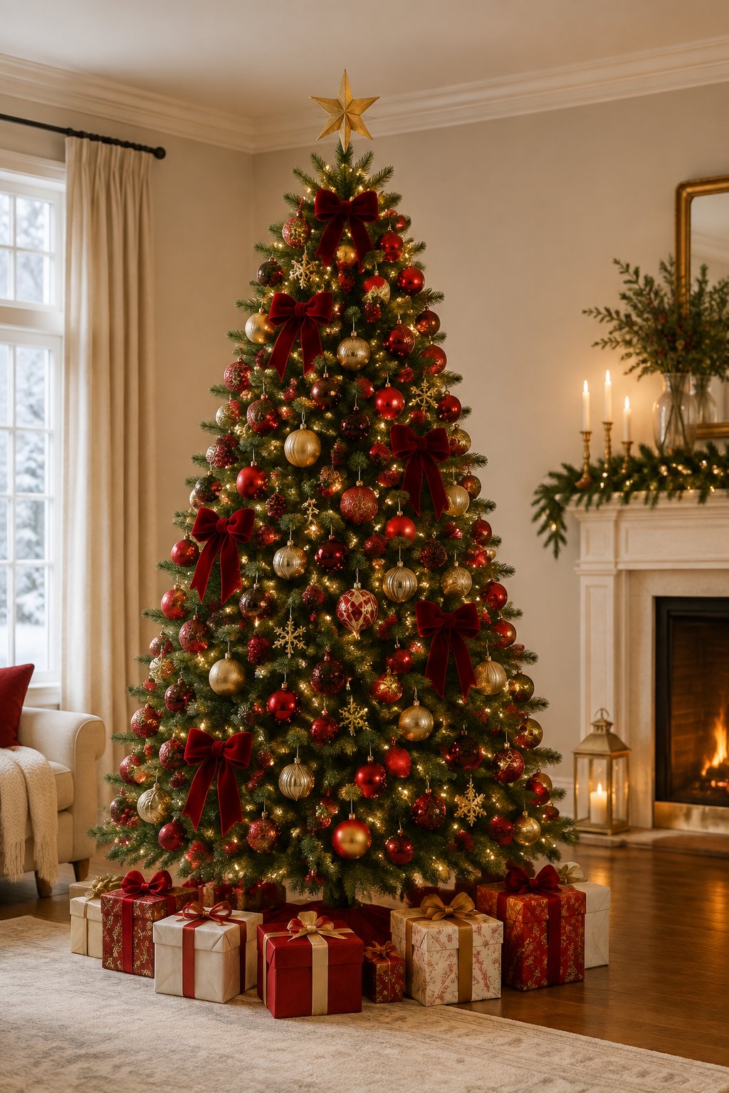 A red and gold Christmas tree decorated with lights and ornaments stands beside wrapped presents in a warmly lit living room.